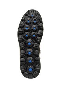 Suela de zapato de goma negra con patrones circulares y acentos azules. Superficie texturizada con múltiples pequeños elementos circulares prominentes.