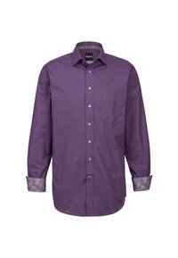 Camicia a maniche lunghe viola con bottoni anteriori, tasca e polsini a fantasia. Realizzata in tessuto liscio con un design classico del colletto.