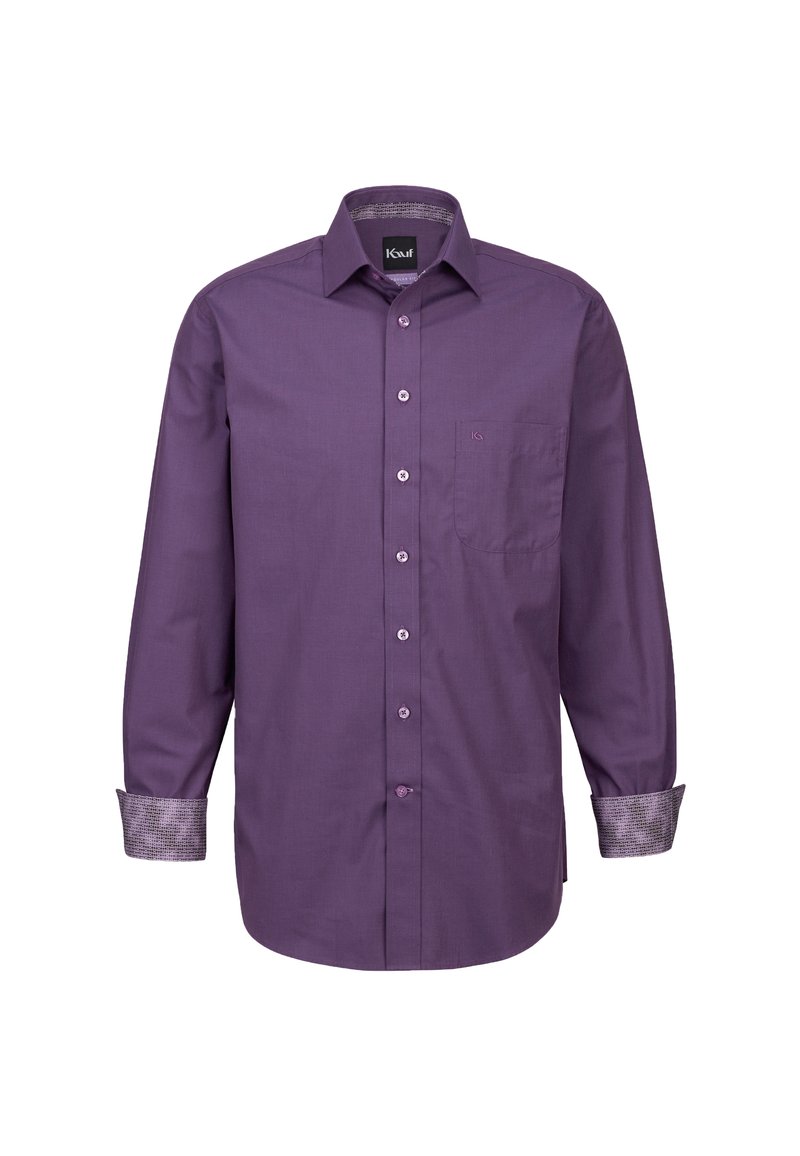 Camicia a maniche lunghe viola con bottoni anteriori, tasca e polsini a fantasia. Realizzata in tessuto liscio con un design classico del colletto.