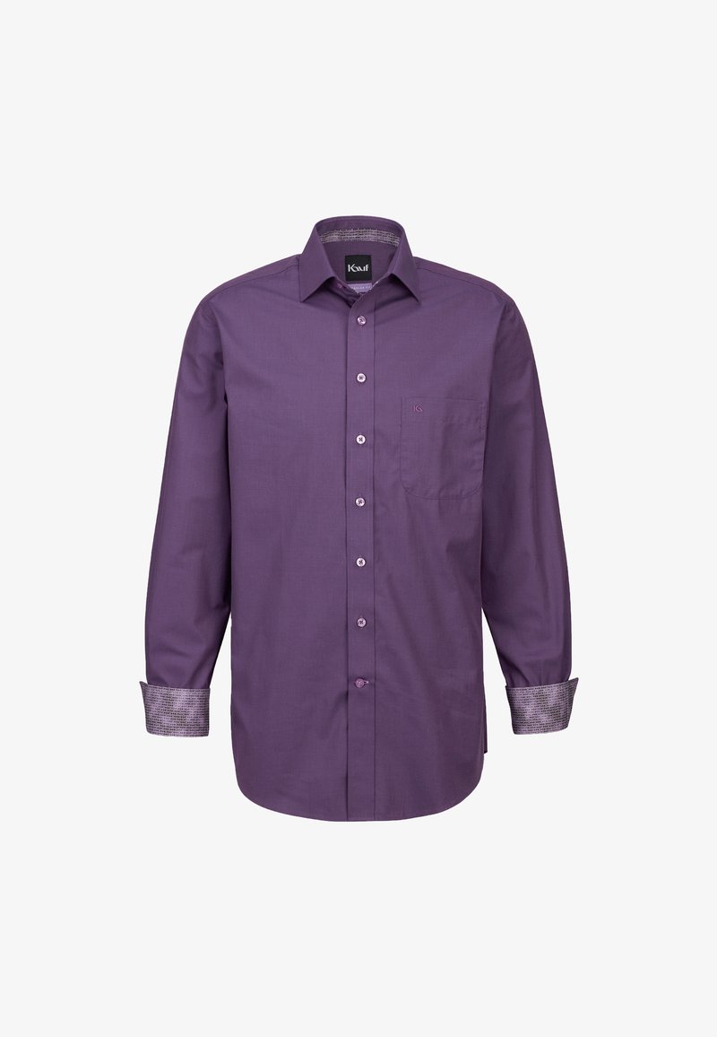 Camicia a maniche lunghe viola con bottoni anteriori, tasca e polsini a fantasia. Realizzata in tessuto liscio con un design classico del colletto.