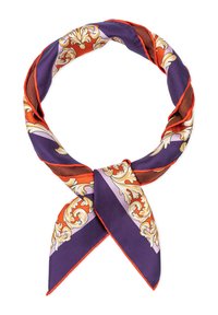 Seidenschal mit kreisförmigem Design in lila, orange und cremefarben. Verziert mit aufwendigen Blumenmustern und einem kontrastierenden roten Saum.