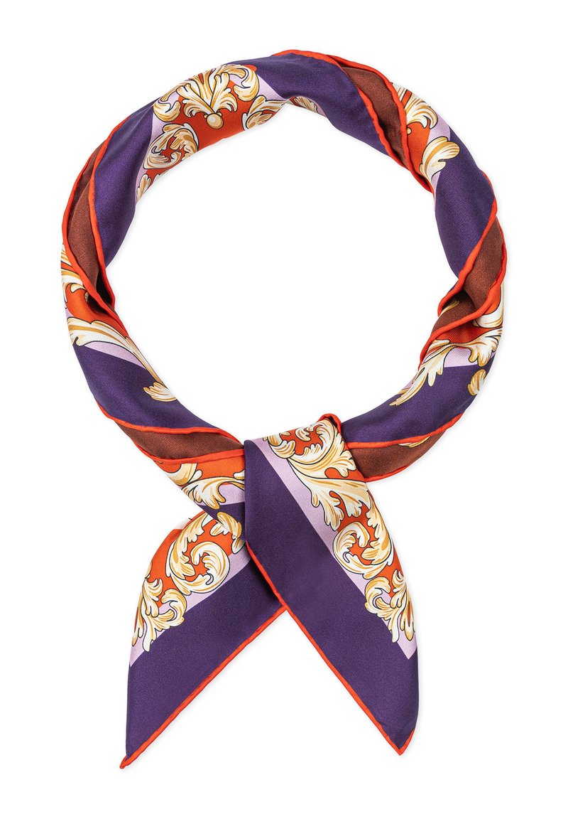 Seidenschal mit kreisförmigem Design in lila, orange und cremefarben. Verziert mit aufwendigen Blumenmustern und einem kontrastierenden roten Saum.