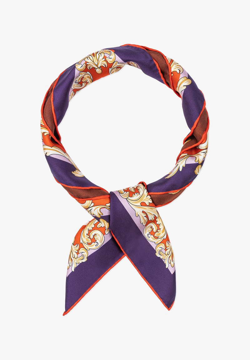 Seidenschal mit kreisförmigem Design in lila, orange und cremefarben. Verziert mit aufwendigen Blumenmustern und einem kontrastierenden roten Saum.