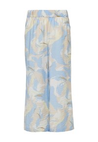 Pantalons larges avec taille élastique, en tissu froissé et ornés d'spirales abstraites dans des tons de bleu, beige, crème et jaune clair.