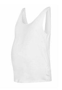 Fehér kismama tank top, kör nyakú, ujjatlan dizájnnal és rugalmas pamut anyagból, amely a növekvő pocakhoz van igazítva.