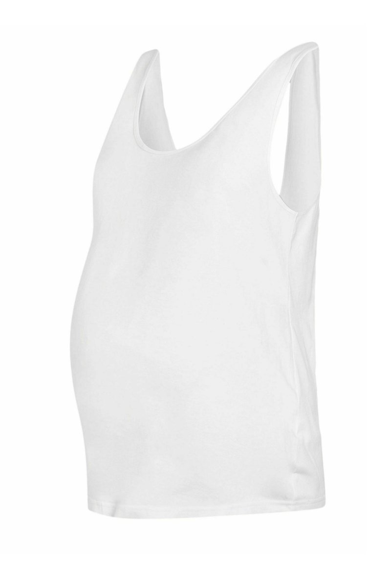 Fehér kismama tank top, kör nyakú, ujjatlan dizájnnal és rugalmas pamut anyagból, amely a növekvő pocakhoz van igazítva.