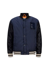 Navy blauwe bomberjack met zwarte leren mouwen, gestreepte geribbelde manchetten en geborduurde letters en tekstdetails op de borst.