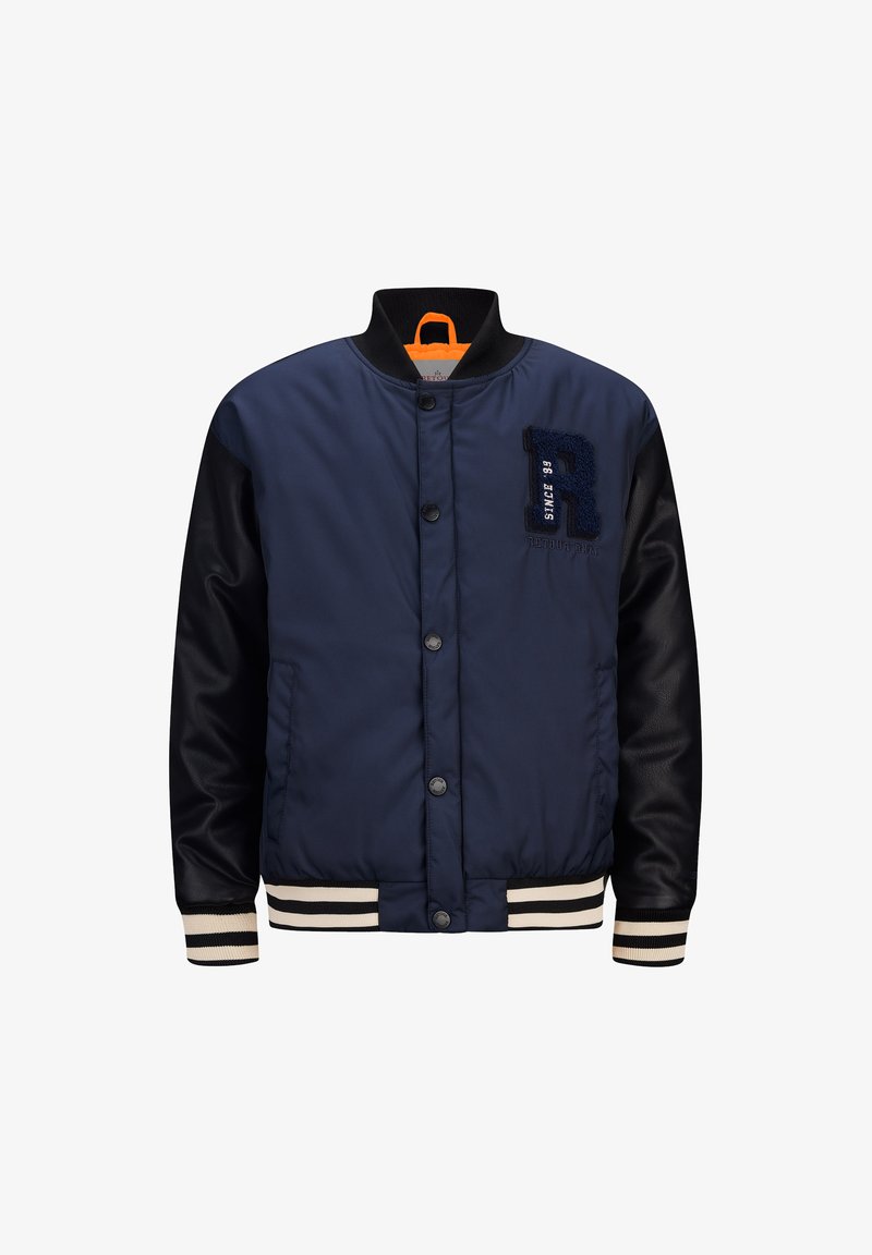 Navy blauwe bomberjack met zwarte leren mouwen, gestreepte geribbelde manchetten en geborduurde letters en tekstdetails op de borst.