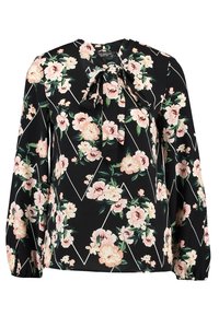 Blusa nera con maniche lunghe, caratterizzata da una fantasia floreale in rosa e verde. Ha un colletto con fiocco e dettagli geometrici bianchi.