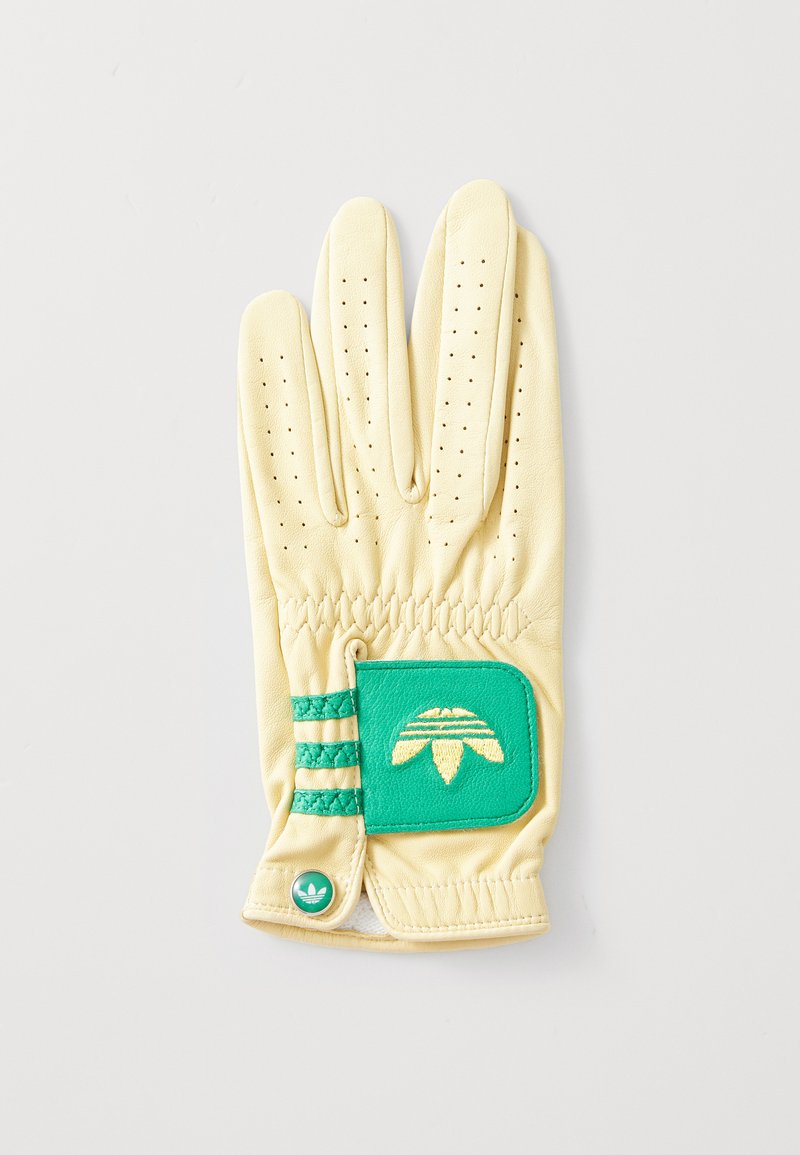 Yellow leather golf glove featuring perforated fingers, a green padded wrist with three stripes, and a logo patch.