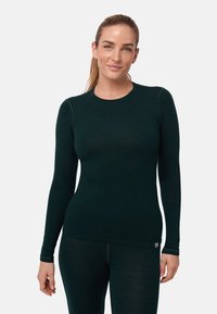 Langärmliges Thermoshirt in Dunkelgrün, aus weichem Stoff, mit Rundhalsausschnitt und figurbetonter Passform. Glatte Textur, minimale Nahtdetails.