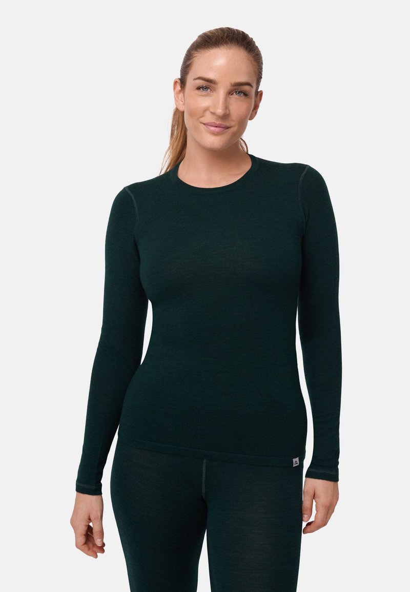 Langärmliges Thermoshirt in Dunkelgrün, aus weichem Stoff, mit Rundhalsausschnitt und figurbetonter Passform. Glatte Textur, minimale Nahtdetails.