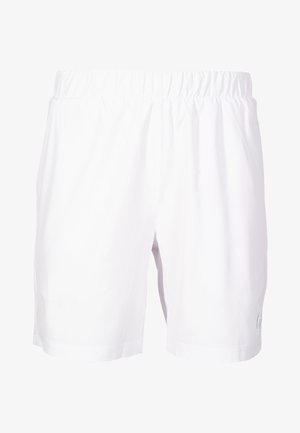 Fehér úszóshort, elastikus derékkal, sima textúrával, és egy apró logóval a jobb alsó oldalon. Egyszerű dizájn, minták nélkül.