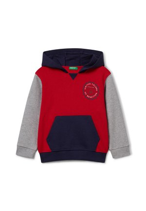 Felpa con cappuccio rossa davanti, maniche grigie e dettagli in blu navy. Presenta una tasca frontale e un logo circolare sul petto. Tessuto in misto cotone.