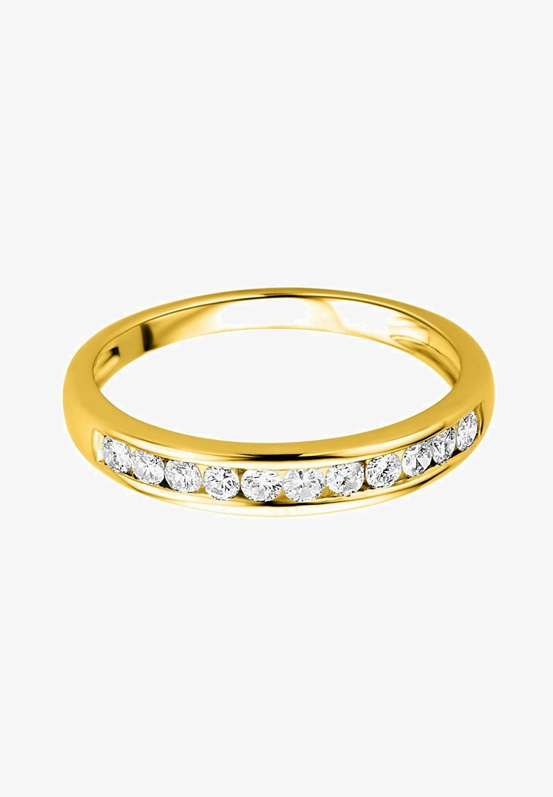 Auksinis žiedas su eilute apvalių, briliantiniu pjūviu padengtų skaidrių akmenų priekyje. Lygus paviršius su poliruotu apdaila.