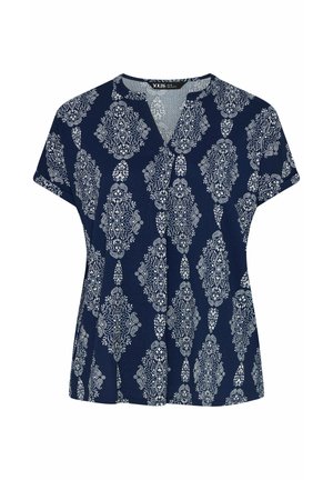 Marineblauwe blouse met korte mouwen, voorzien van een wit verfijnd paisley-diamantpatroon en een kleine V-halsopening.