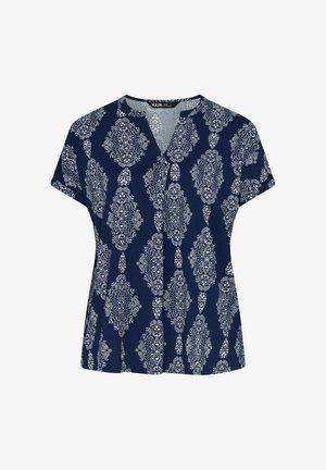 Blusa a maniche corte blu navy con motivo paisley a diamante bianco intricatamente dettagliato e piccolo scollo a V.