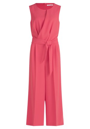 Rosa ärmelloser Jumpsuit mit Wickeloptik und Bindegürtel in der Taille, ausgestattet mit weiten Beinhosen und einer glatten Textur. Mit Reißverschluss hinten.