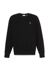 Felpa nera con scollo rotondo, maniche lunghe, orlo e polsini a costine, con un piccolo patch del logo Timberland sul petto.