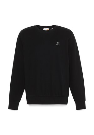 Schwarzes Sweatshirt mit Rundhalsausschnitt, langen Ärmeln, geripptem Saum und Bündchen, mit einem kleinen Timberland-Logo-Patch auf der Brust.