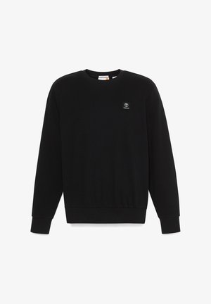 Schwarzes Sweatshirt mit Rundhalsausschnitt, langen Ärmeln, geripptem Saum und Bündchen, mit einem kleinen Timberland-Logo-Patch auf der Brust.