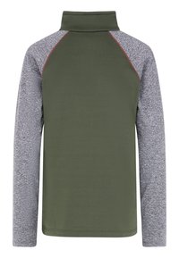 Olijfgroene pullover met lange grijs gemêleerde mouwen, opstaande kraag en flatlock naden. Materiaal lijkt zacht en lichtgewicht.