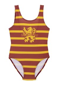 Gestreifte Badeanzug in Rot und Gelb mit Gryffindor-Löwenlogo und Text. Aus dehnbarem Material gefertigt, mit einem Rundhalsausschnitt und breiten Trägern.