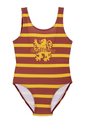 Maillot de bain rayé rouge et jaune avec le logo du lion Gryffondor et du texte. Fabriqué en tissu extensible, doté un décolleté rond et de larges bretelles.