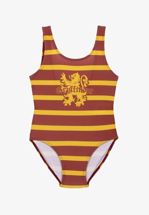 Maillot de bain rayé rouge et jaune avec le logo du lion Gryffondor et du texte. Fabriqué en tissu extensible, doté un décolleté rond et de larges bretelles.