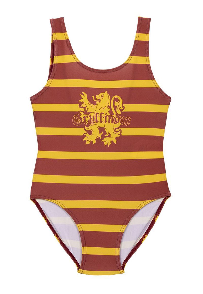 Gestreifte Badeanzug in Rot und Gelb mit Gryffindor-Löwenlogo und Text. Aus dehnbarem Material gefertigt, mit einem Rundhalsausschnitt und breiten Trägern.