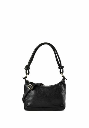 Schwarze Lederhandtasche mit dickem Griff und verstellbarem Riemen, ausgestattet mit goldfarbenen Beschlägen und einer weichen, strukturierten Oberfläche.