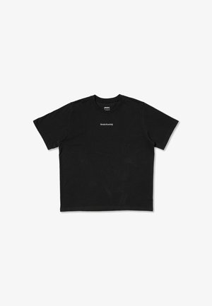 Črna bombažna majica s kratkimi rokavi, okroglim izrezom in majhnim belim logotipom "Brooks Running" na sredini prsnega koša.