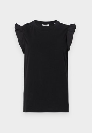 Black short-sleeve t-shirt with ruffled shoulder accents, made from smooth fabric, featuring a crew neckline and a relaxed fit.