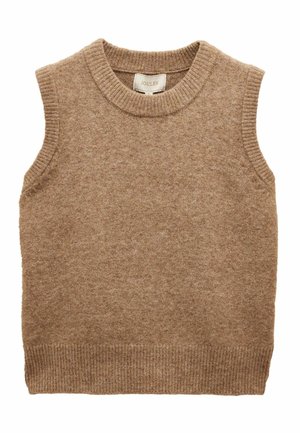 Brauner Woll-Ärmelloser Pullover mit einem gerippten Rundhalskragen und Saum, der eine weiche Textur und subtile Farbverläufe aufweist.