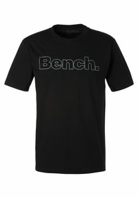 Schwarzes Baumwoll-T-Shirt mit einem auffälligen, weißen "Bench."-Logo auf der Vorderseite. Standardpassform mit kurzen Ärmeln und Rundhalsausschnitt.