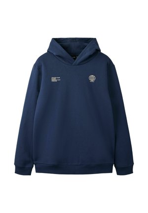 Marineblå hættetrøje med lille hvidt globuslogo og teksten "Unleash your future, embrace your freedom" på brystet.