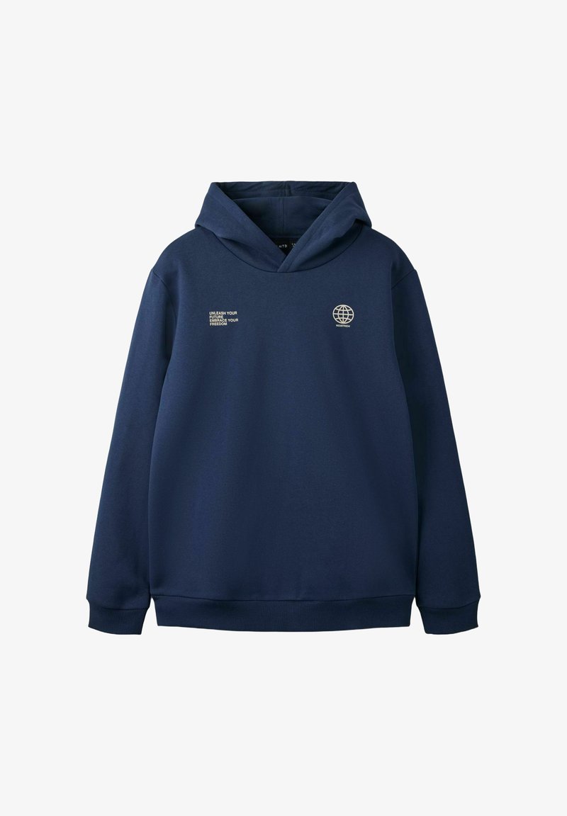 Sweat à capuche bleu marine avec petit logo globe blanc et texte "Unleash your future, embrace your freedom" sur la poitrine.