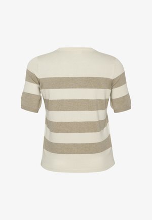 Beige un krēmu svītrains īso piedurkņu adīts tops ar apaļu kakla izgriezumu un ribotu apakšmalu. Svītras mainās platumā, radot spilgtu rakstu.