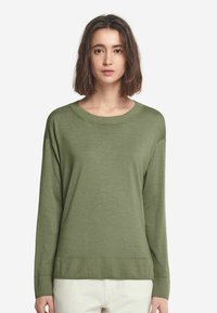 Oliwkowy sweter z okrągłym dekoltem, długimi rękawami oraz ściągaczem u dołu i na końcach rękawów. Gładka struktura, luźny krój i minimalistyczny design.