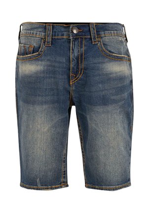 Denim kratke hlače v modri barvi z zbledelim videzom. Značilnosti vključujejo pet žepov, kontrastno oranžno šivanko in klasičen ravno kroj.