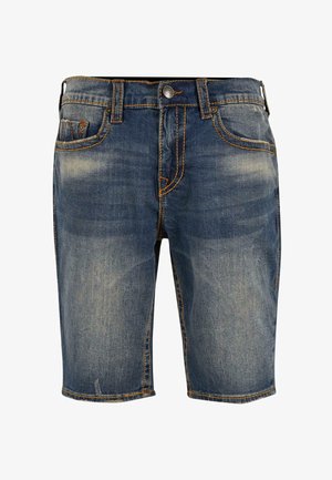 Denim kratke hlače v modri barvi z zbledelim videzom. Značilnosti vključujejo pet žepov, kontrastno oranžno šivanko in klasičen ravno kroj.