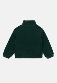 Zelená, huňatá fleece bunda s vysokým golierom, dlhými rukávmi a elastickými manžetami. Tkanina má textúrovaný, plyšový vzhľad.