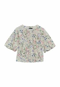 Blomstret bluse med en lys cremefarvet baggrund, korte pufærmer og en samlet halsudskæring, prydet med farverige botaniske print.
