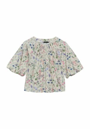 Blumenbluse mit hellcremigem Hintergrund, kurzen Puffärmeln und einem gerafften Ausschnitt, geschmückt mit bunten botanischen Drucken.