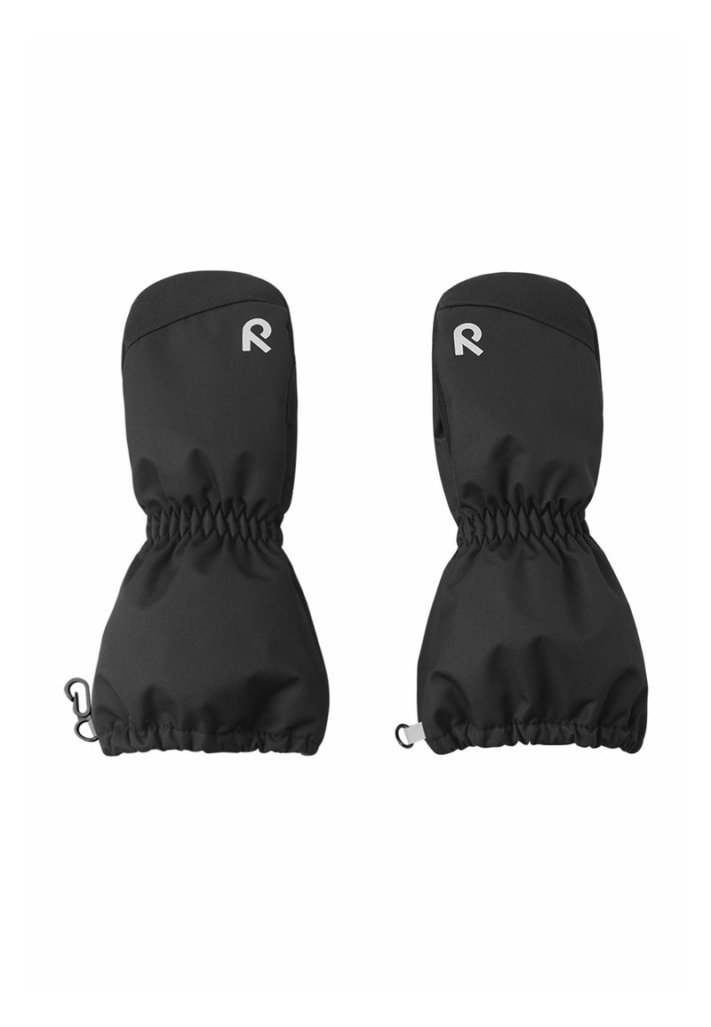 Schwarze wasserdichte Handschuhe aus Nylon, mit elastischen Bündchen und einem Logo auf der Rückseite. Glatte Textur mit einer passgenauen, abgerundeten Form.