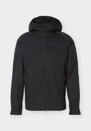 Svart lett hettejakke med hel glidelås foran, glidelåslommer på sidene og justerbare mansjetter.