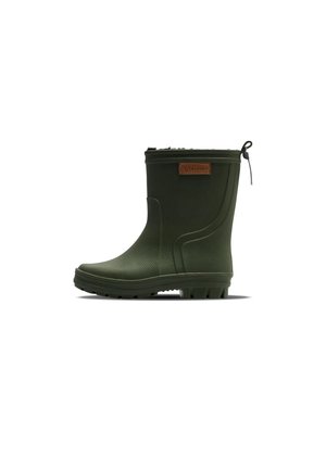 Botte de pluie en caoutchouc vert foncé montant mi-mollet avec semelle texturée, doublure intérieure noire, patte de tirage et patch logo Hummel marron sur le côté.