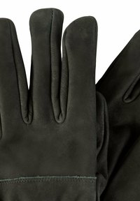 Gants en cuir noir avec une texture lisse, comportant quatre doigts et une zone de paume rembourrée. Coutures visibles le long du poignet.
