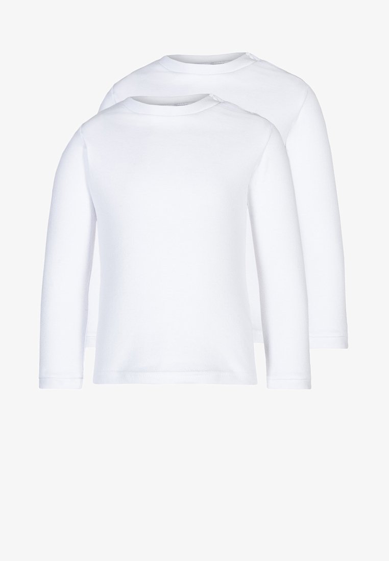 Weiße Langarm-T-Shirts aus weichem Baumwollstoff, mit Rundhalsausschnitt und minimalistischem Design, geeignet zum Schichten oder für die Freizeit.