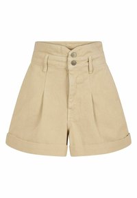 Shorts beiges taille haute en mélange de coton, avec un design plissé, une fermeture à double bouton et des poignets retroussés.